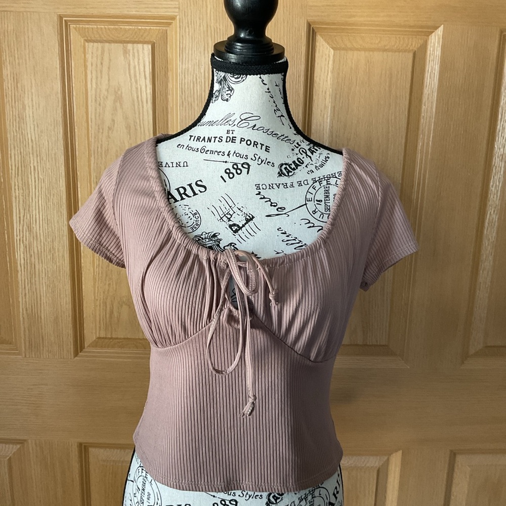 Ribbed Tie-Front Scoop Neck Women's Top, Size M